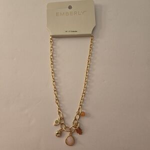 Emberly New Gold Tone Chain Necklace with 5 Charms Pink & Clear Stones
